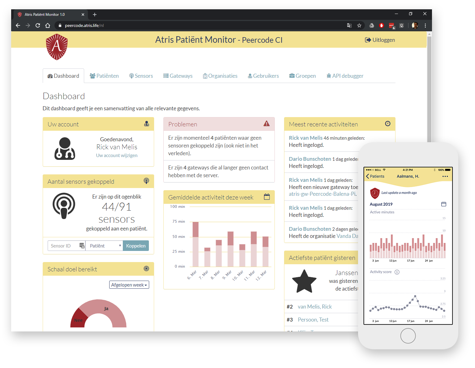 Screenshot Atris patient monitor dashboard en Atris-Zorg App